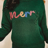 Merry tinsel lettering crewneck pullover sweater in hunter green.