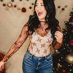 Mesh high neck long sleeve lace top with thumb holes and stretch.
