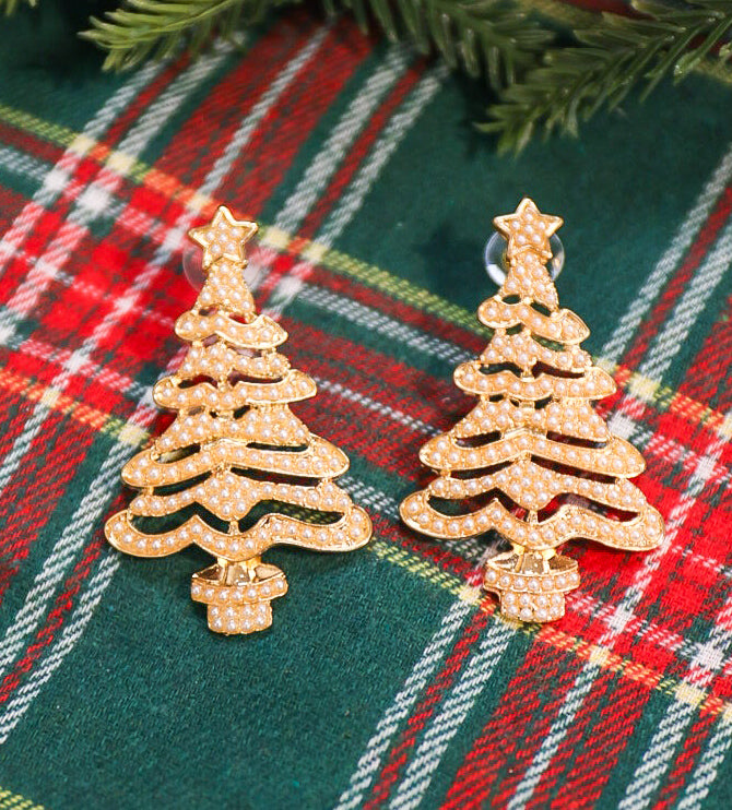 Pearl accented Christmas tree drop earrings in gold.