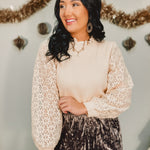 Mix media lace detail puff sleeve ribbed sweater top in cream.