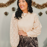 Mix media lace detail puff sleeve ribbed sweater top in cream.