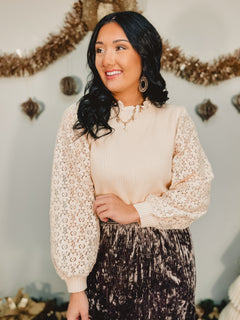 Mix media lace detail puff sleeve ribbed sweater top in cream.