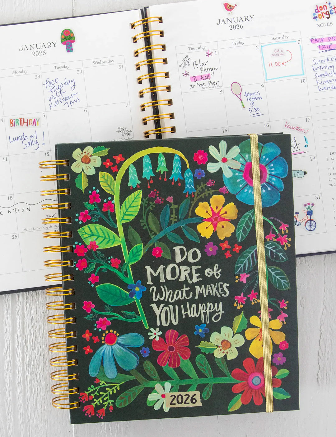 Natural Life 2025-2026 17 month planner including extra pockets, holiday and goal sections, stickers, and exterior artwork.
