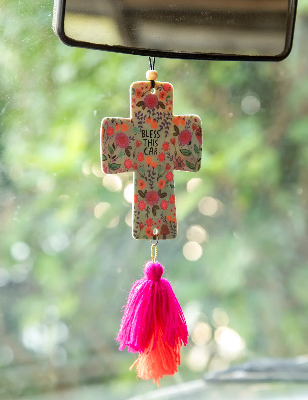 Natural life cross shaped car air freshener with a lavender scent and double-sided artwork.