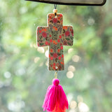 Natural life cross shaped car air freshener with a lavender scent and double-sided artwork.