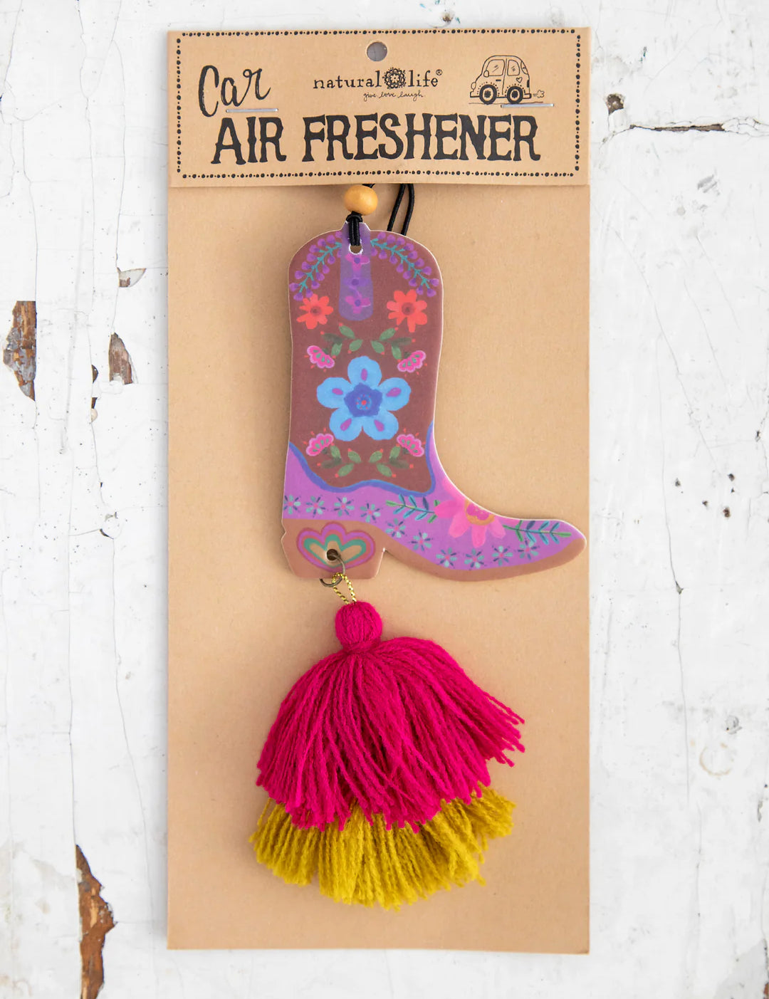 Natural Life boot and tassel car air freshener in strawberry scent.