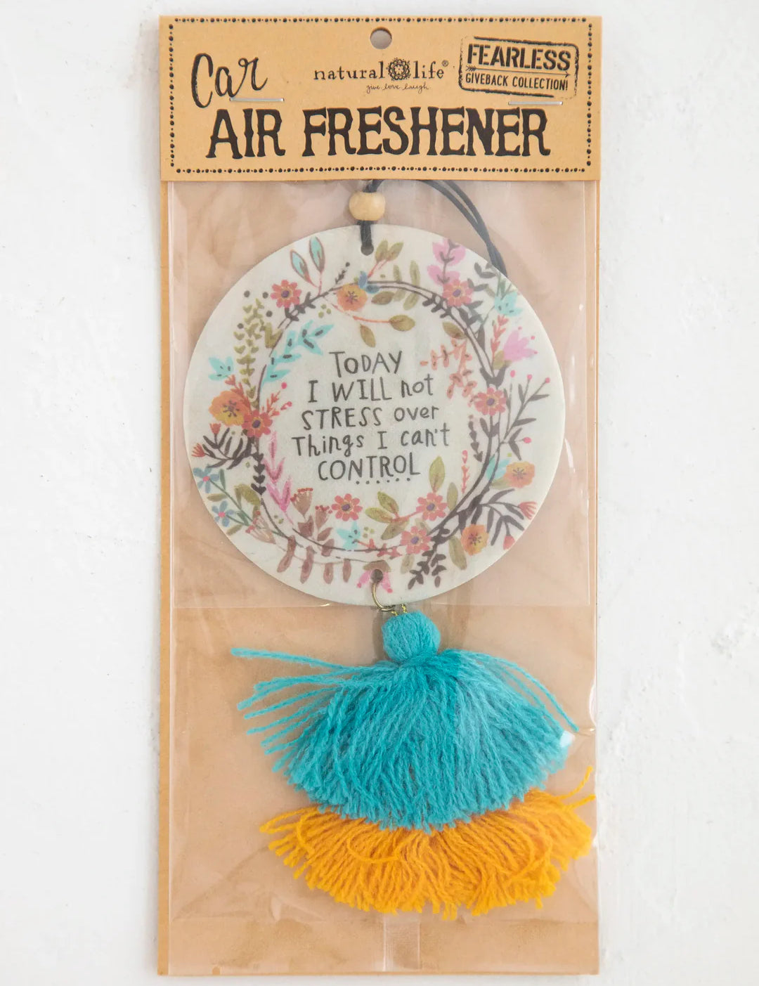 Lavender-scented essential oil Natural Life car air freshener with double-sided artwork and double yarn tassel.