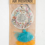 Lavender-scented essential oil Natural Life car air freshener with double-sided artwork and double yarn tassel.