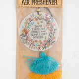 Lavender-scented essential oil Natural Life car air freshener with double-sided artwork and double yarn tassel.