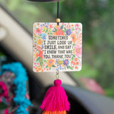 Natural Life faith-based car air freshener in the scent Strawberry with double sided artwork and tassels.