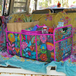 Natural Life car trunk organizer featuring three different compartments and a removable insulated cooler in Navy Folk Flower.
