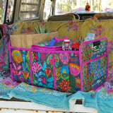 Natural Life car trunk organizer featuring three different compartments and a removable insulated cooler in Navy Folk Flower.