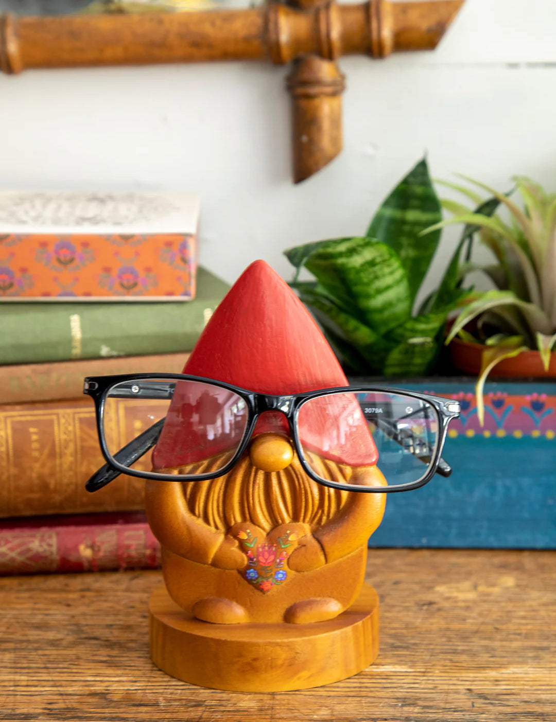 Natural Life hand carved wooden gnome eyeglass holder.