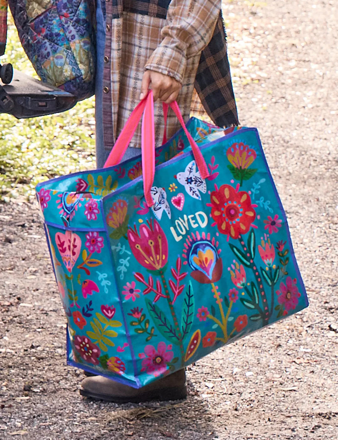 Natural Life jump zippered tote bag in teal love.