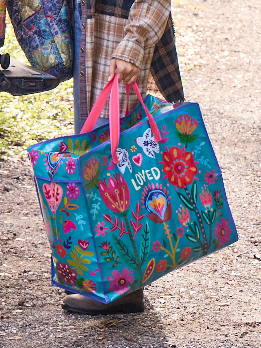 Natural Life jump zippered tote bag in teal love.