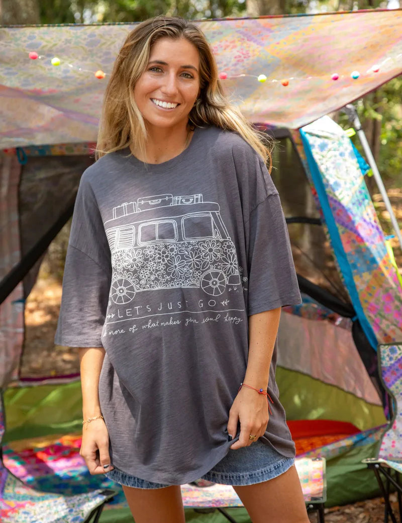 Drop shoulder short sleeved Natural Life "Let's Just Go, do more of what makes you happy" one sized graphic tee in washed black.