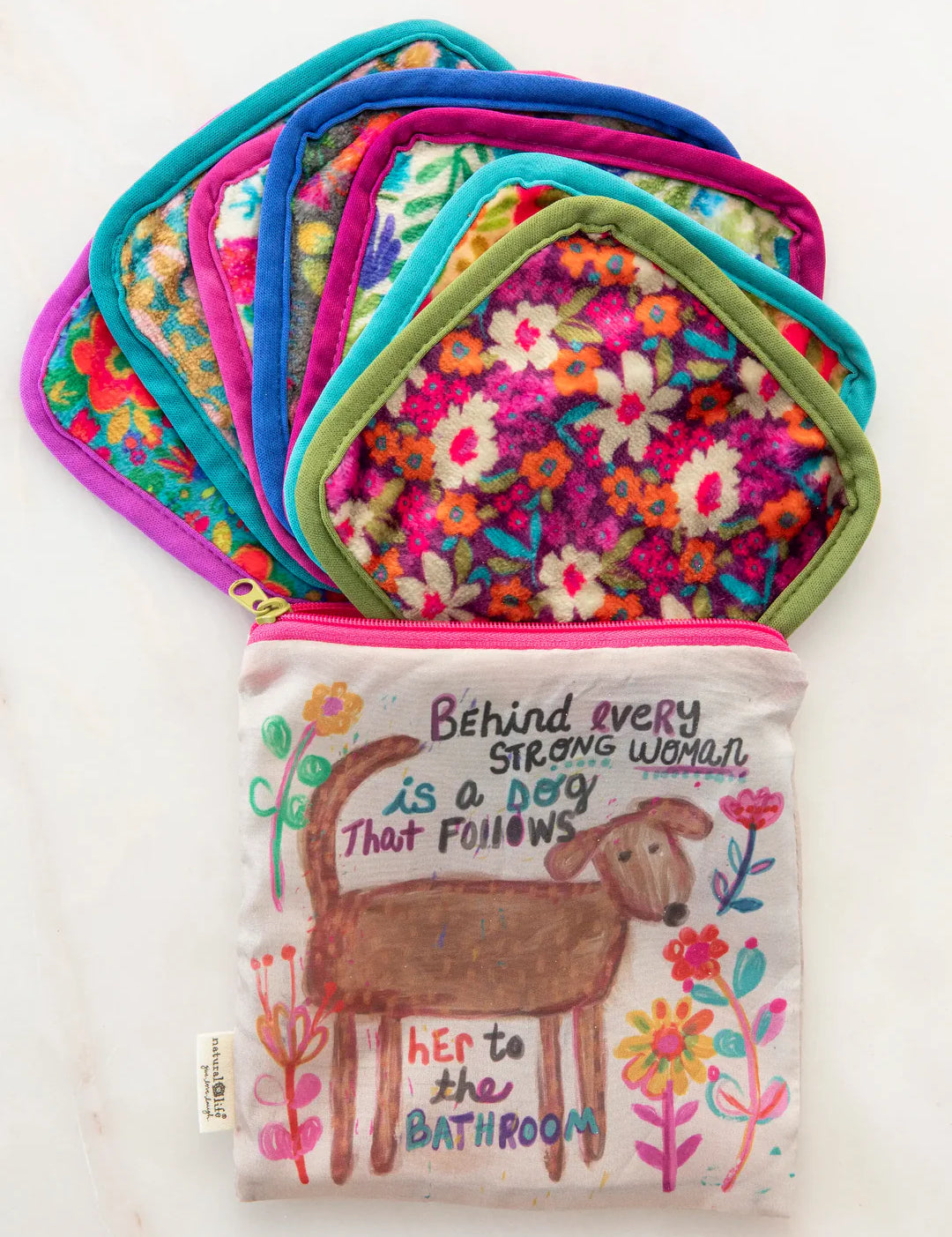Seven reusable mini makeup cloths in storage pouch by Natural Life.