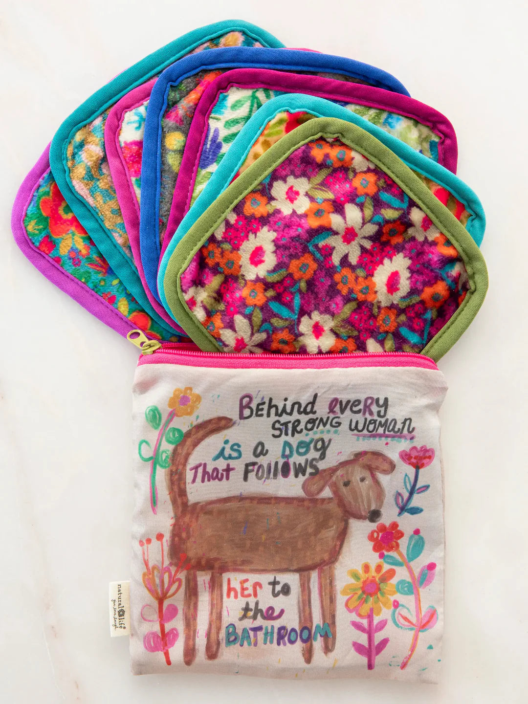 Seven reusable mini makeup cloths in storage pouch by Natural Life.