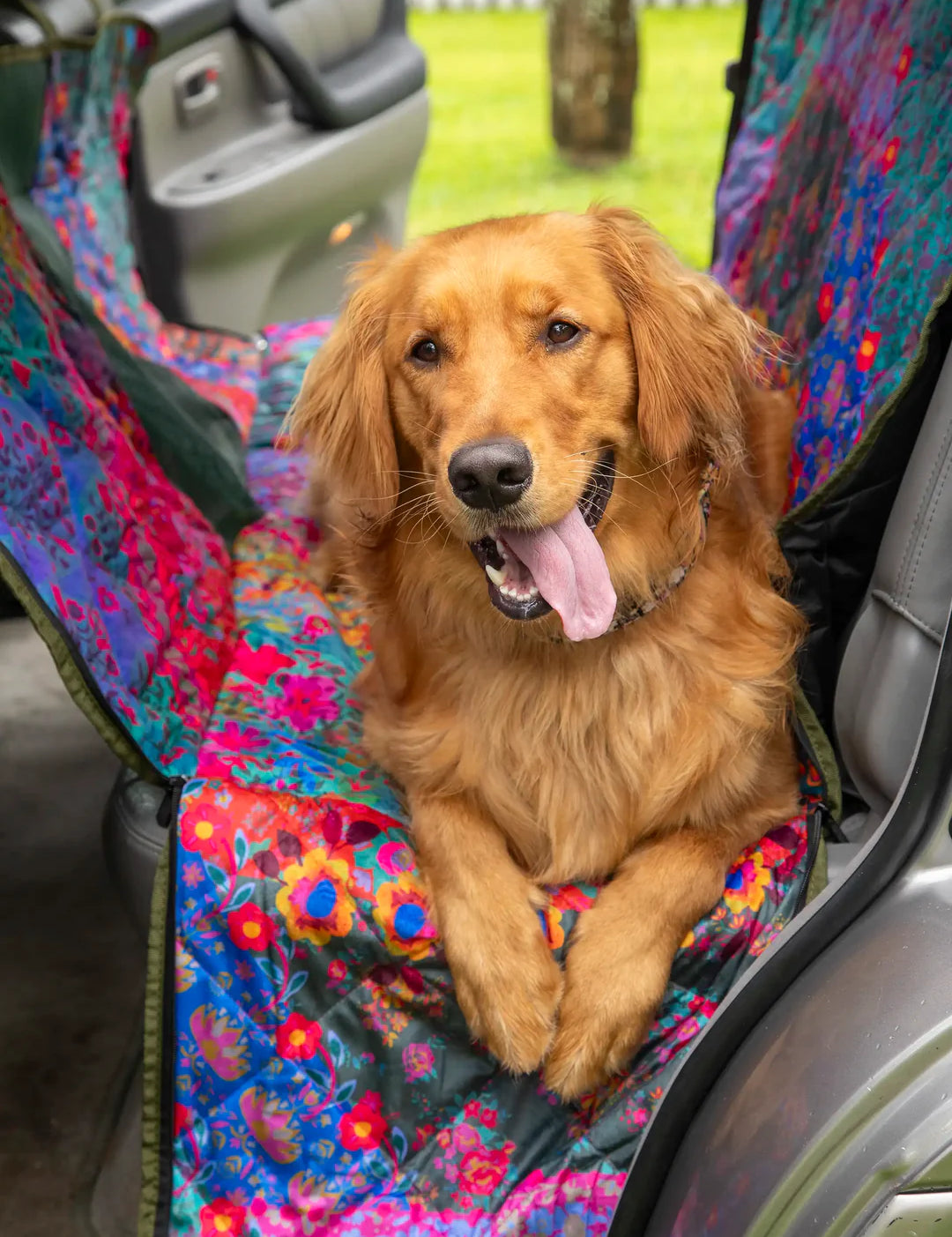 Backseat cover pet hammock to protect your car seats from hair and messes featuring center mesh for pet visibility, washable and water-resistant fabric, and easy installation by Natural Life.