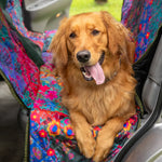 Backseat cover pet hammock to protect your car seats from hair and messes featuring center mesh for pet visibility, washable and water-resistant fabric, and easy installation by Natural Life.