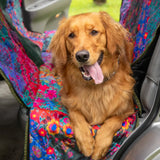 Backseat cover pet hammock to protect your car seats from hair and messes featuring center mesh for pet visibility, washable and water-resistant fabric, and easy installation by Natural Life.