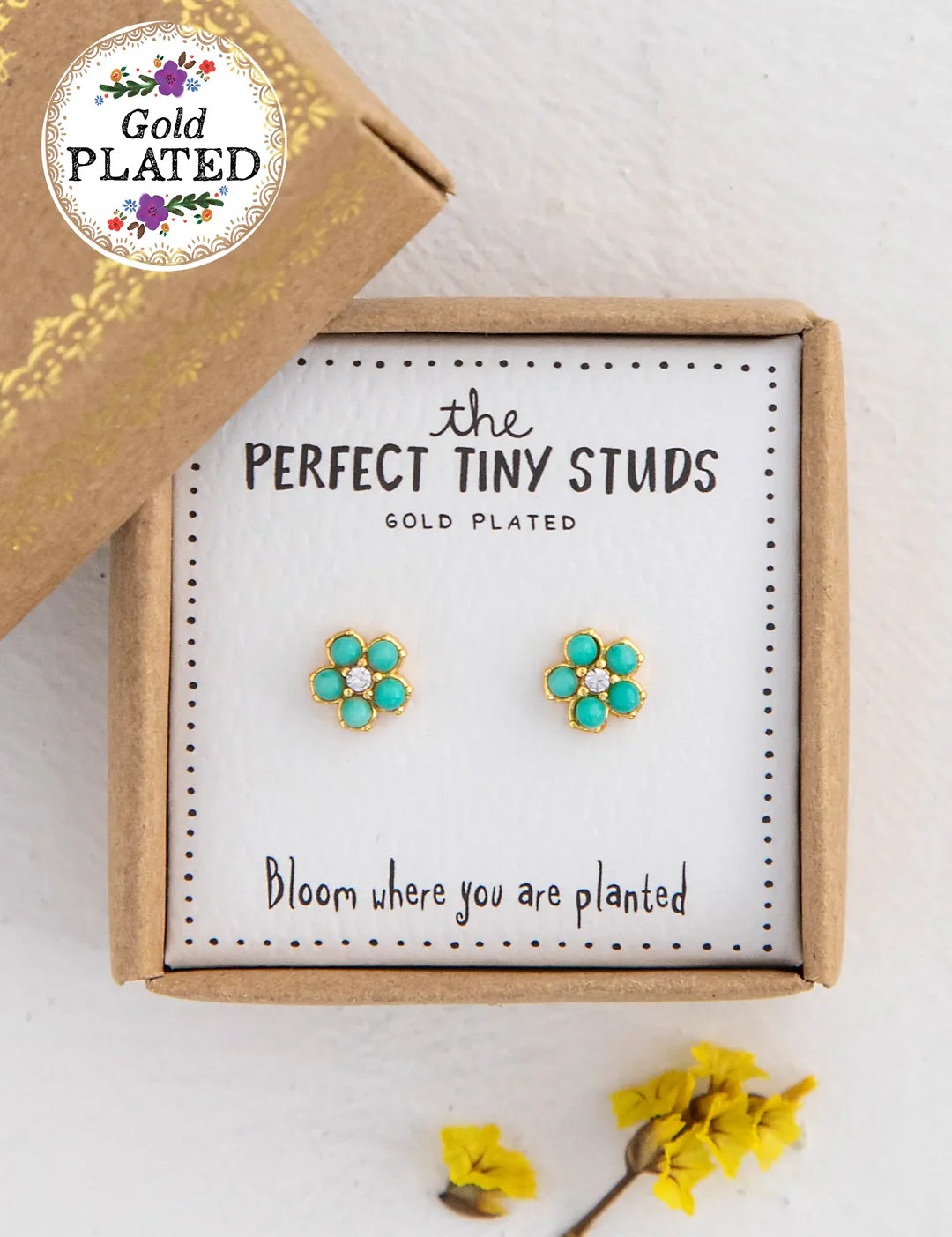 Gold plated turquoise daisy stud earrings by Natural Life.