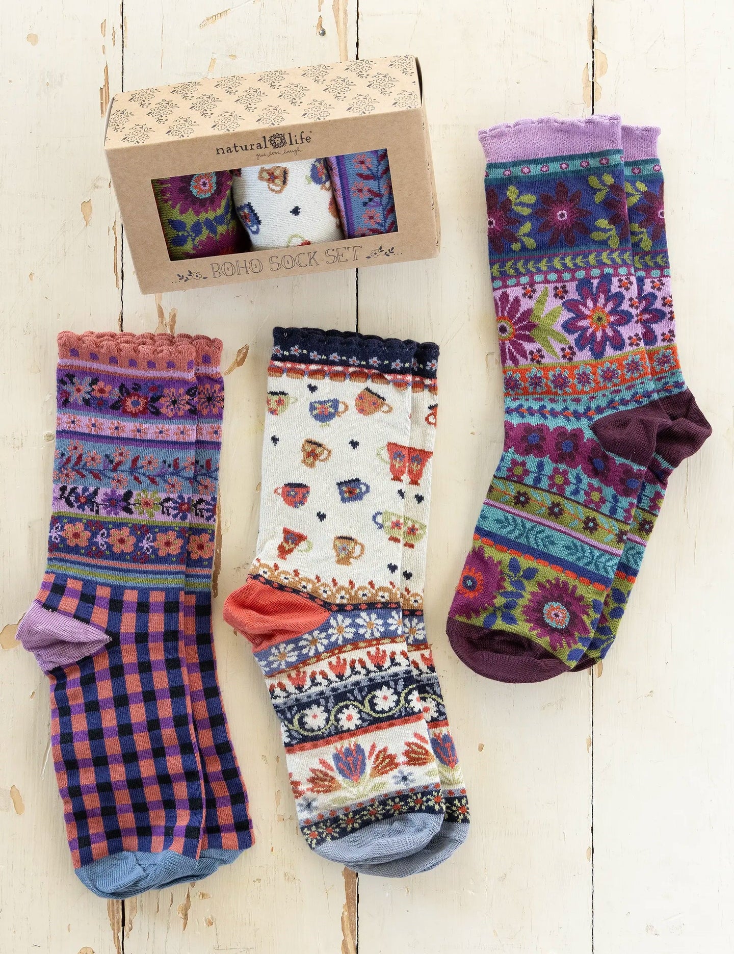 Natural Life Boho Sock Set - Coffee Cups - Lace and Grace Boutique