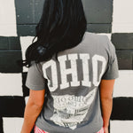 Ohio football gray short sleeved graphic tee with a round neck and front and back graphics.