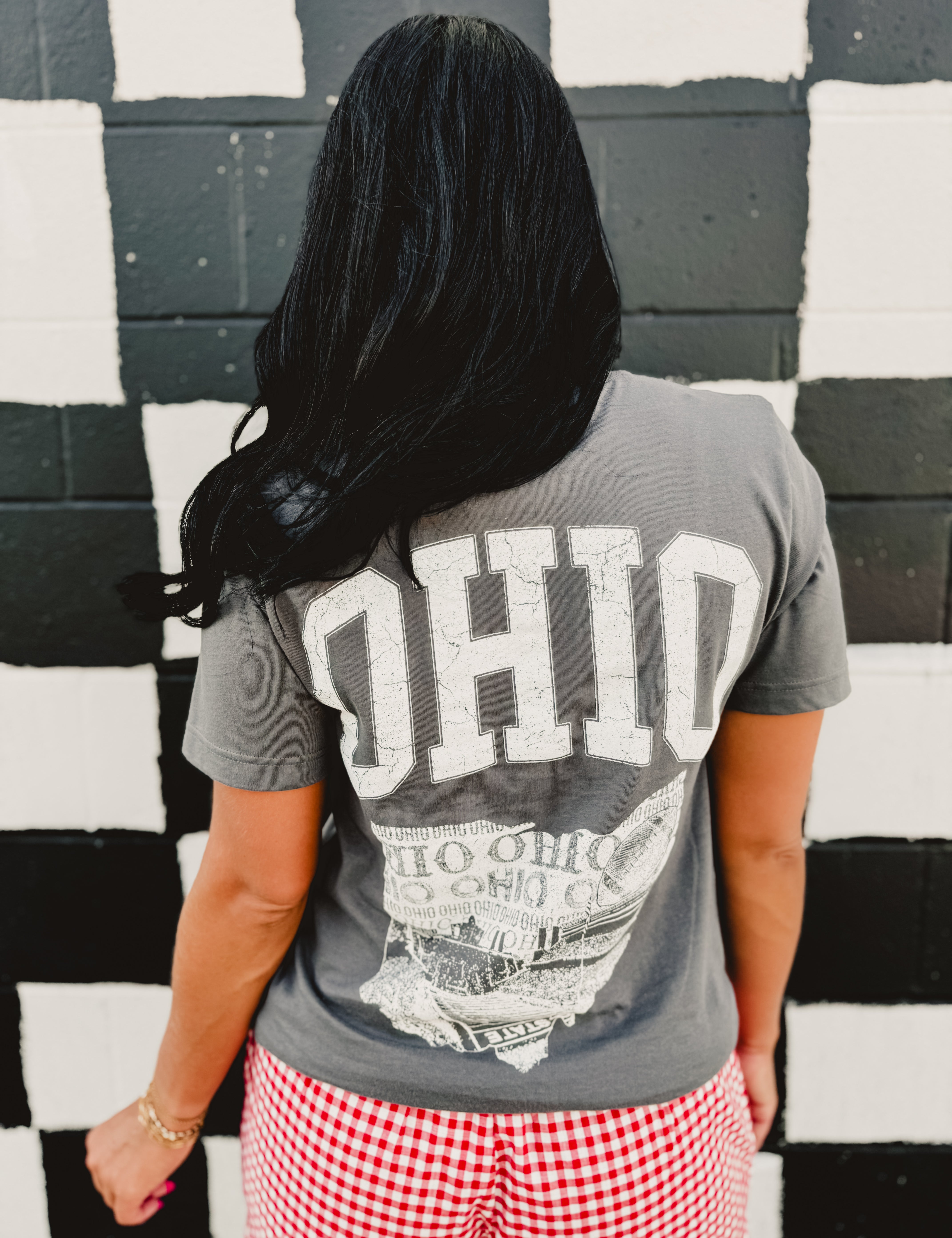Ohio football gray short sleeved graphic tee with a round neck and front and back graphics.