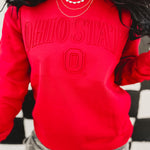 Ohio State embossed red crewneck sweatshirt.