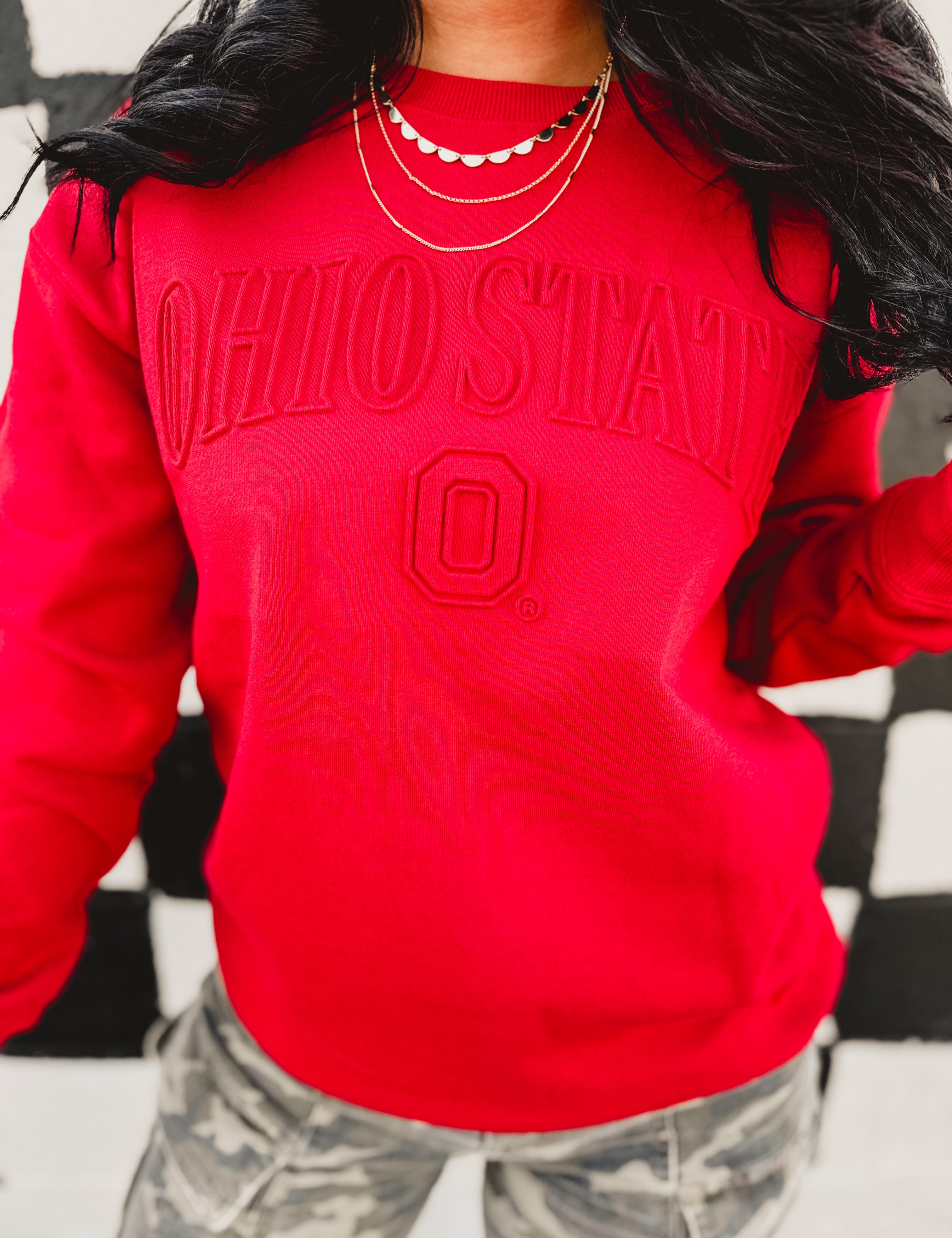 Ohio State embossed red crewneck sweatshirt.