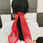 Licensed Ohio State fishnet pattern and logo scarf scrunchie in red.