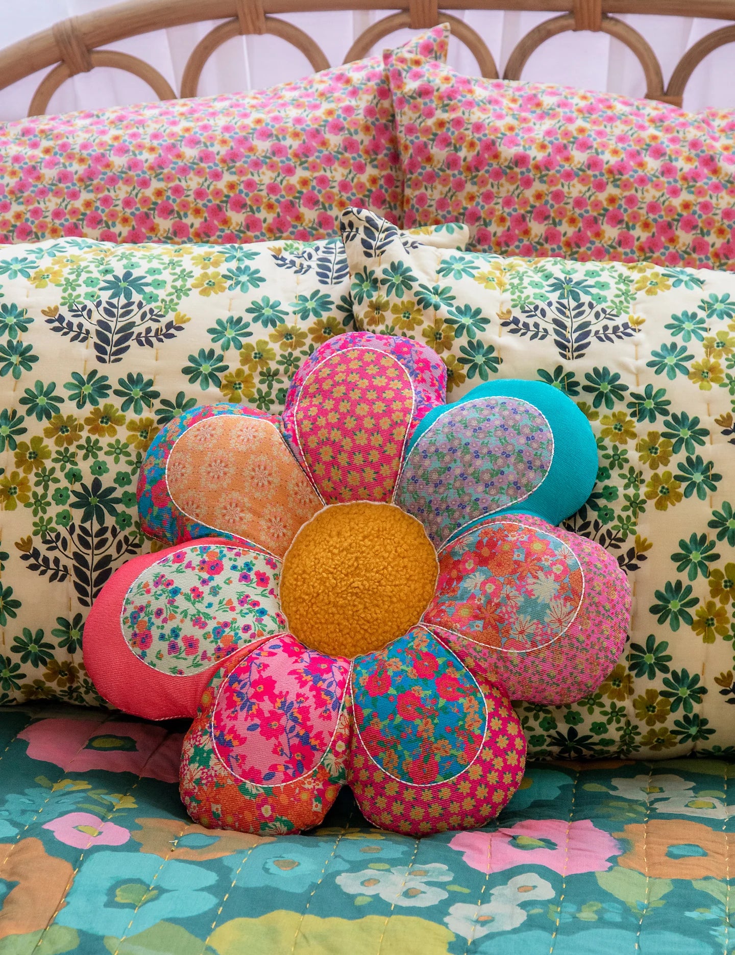 Natural Life Whimsy Patchwork Pillow - Flower - Lace and Grace Boutique