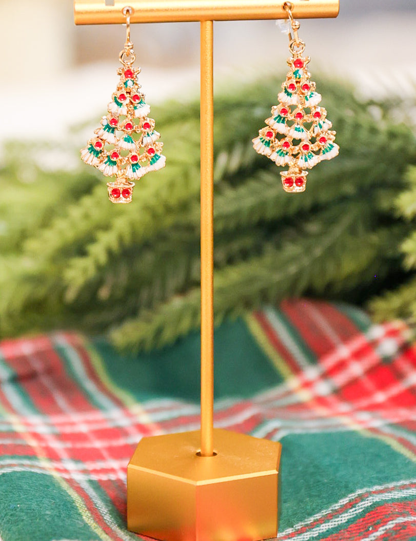Painted Christmas tree drop earrings.