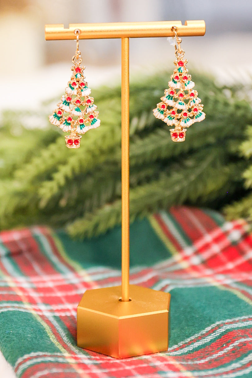 Painted Christmas tree drop earrings.