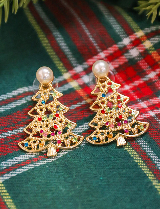 Drop Christmas tree with pearl accents earrings.