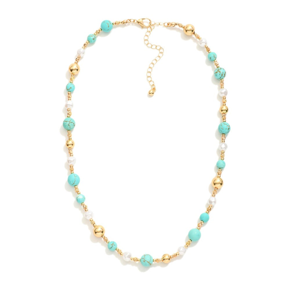 Pearl and turquoise beaded gold necklace.