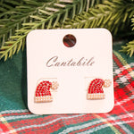 Rhinestone and pearl studded Santa hat stud earrings in red.