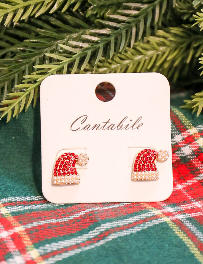 Rhinestone and pearl studded Santa hat stud earrings in red.