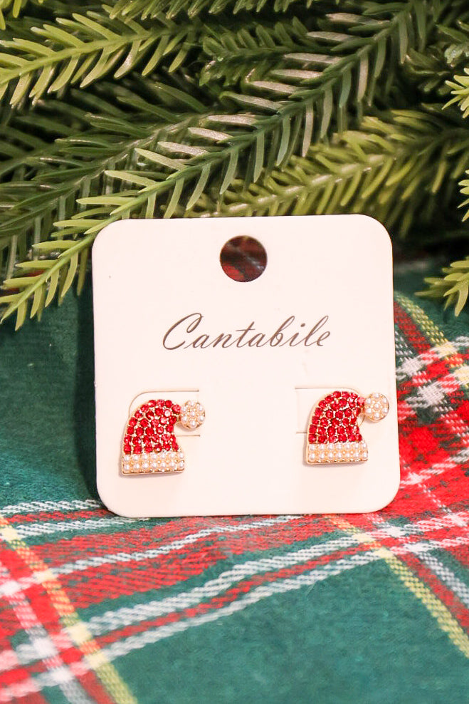Rhinestone and pearl studded Santa hat stud earrings in red.