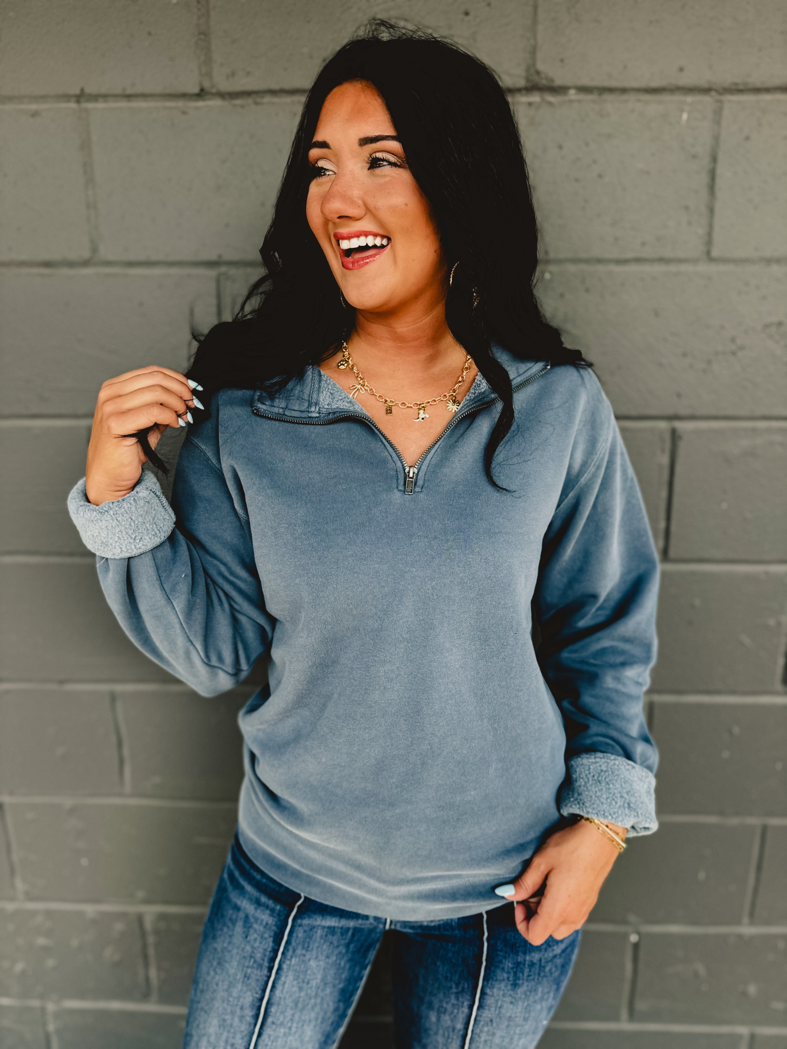 Long sleeve zip-up blue pigment-dyed pullover.