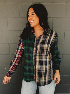 Mixed plaid button down flannel top in navy multi.