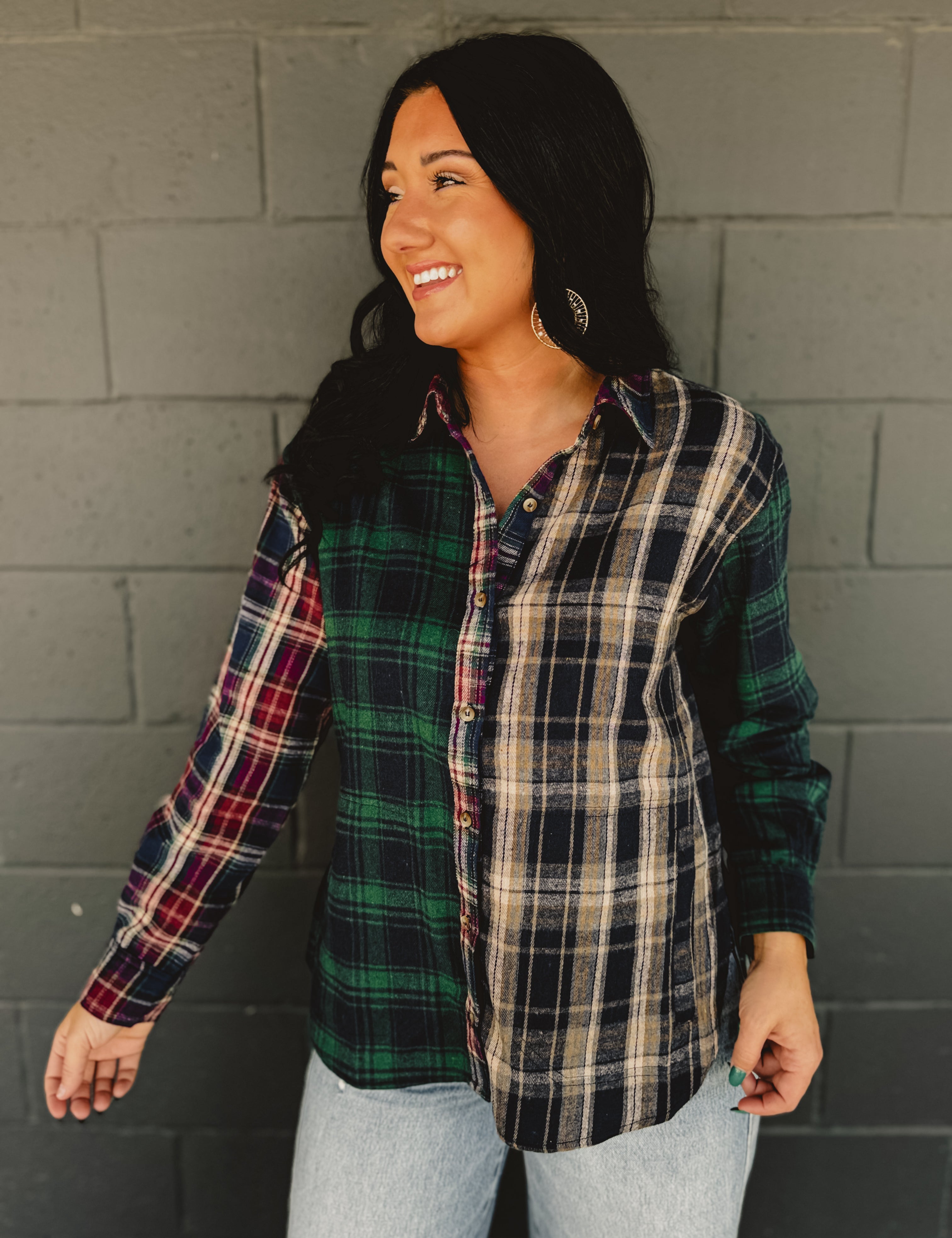 Mixed plaid button down flannel top in navy multi.