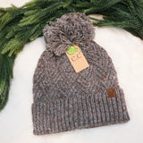 C.C Criss-Cross Pattern Yarn Pom Beanie - Brown