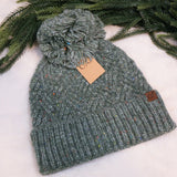 C.C Criss-Cross Pattern Yarn Pom Beanie - Olive