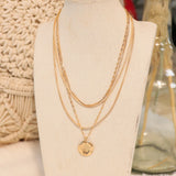 Hammered Circle Pendant Chain Layered Necklace - Gold