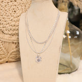 Hammered Circle Pendant Chain Layered Necklace - Silver