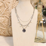 Pearl Accent Hammered Pendant Layered Necklace - Silver