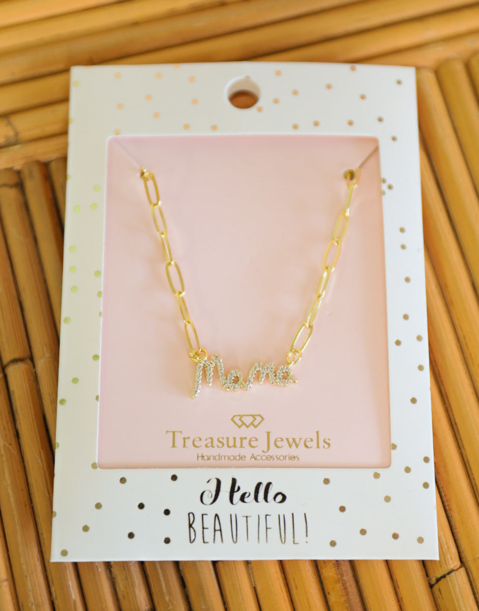 Rhinestone Mama Pendant Chain Link Necklace - Lace and Grace Boutique