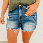 Distressed denim shorts with raw frayed hems and zip-up closure.